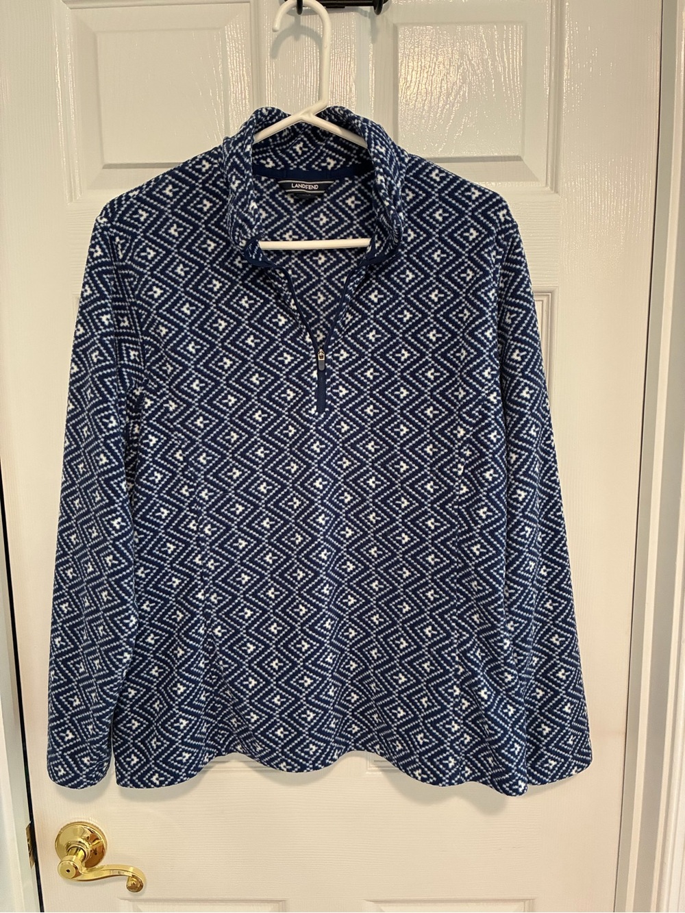 Lands' End Quarter Zip pullover Navy and White Diamond-Print Size Large